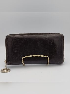 Guccissima Interlocking G GG Logo Dark Brown Leather Zip Around Long Wallet